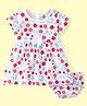 Doodle Poodle 100% Cotton Half Sleeves Flower Printed Frock With Bloomer & Bow  -Bright White