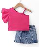Kookie Kids Sleeveless One Shoulder Solid Top & Denim Skirt Set - Fuchsia