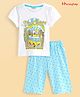 Honeyhap Premium 100% Cotton Single Jersey Half Sleeves Night Suit With Bio Finish Bus & Polka Dot Print - Bright White & Blue Elixir