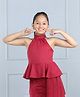 Aww Hunnie Cotton Lurex Halter Neck Ribbed Peplum Top - Maroon