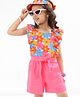 Ollington St. 100% Cotton Knit  Frill Sleeve Jumpsuit Floral Print - Neon Pink
