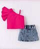 Kookie Kids One Shoulder Sleeves Solid Color Top & Denim Skirt Set - Fuchsia