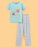 Lazy Bones Sinker Knit Half Sleeves Night Suit With Text Print - Blue