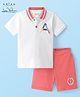Arias Cotton Pique Knit Polo T-Shirt & Cotton Terry Shorts Text Print -Bright White & Water Melon