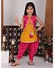 Kinder Kids Sleeveless Floral Embroidered & Gota Lace Embellished Kurta With Attached Jacket & Dhoti - Yellow & Pink
