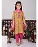 Kinder Kids Three Fourth Sleeves Floral Motif Printed & Gota Lace Embellished Kurta & Pant With Dupatta - Yellow & Pink