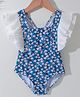 Kookie Kids Frill Sleeves V Cut Swimsuit with Floral Print - Blue