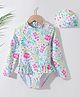 Pine Kids Full Sleeves V Cut Swimsuit with Cap Floral Print -  Multicolor