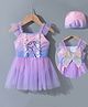 Kookie Kids Frill Sleeves Frock Swimsuit with Butterfly Wings Applique Lace Detailing & Cap -  Purple