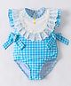 Kookie Kids Frill Sleeves  Checks  V Cut Swimsuit with Floral & Bow Detailing - Blue