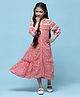 BIBA Three Fourth Sleeves Leaves Printed Cotton Tiered Dress - Red