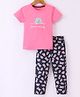 Doreme Single Jersey Knit Half Sleeves Night Suit With Bear Print - Pink