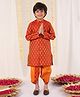 Vastramay Full Sleeves Abstract Motif Design Printed Coordinating Kurta & Dhoti Set - Red & Orange