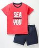 Doreme Single Jersey Half Sleeves T-Shirt & Shorts With Text Print - Red & Navy Blue