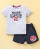 Doreme Single Jersey Knit Half Sleeves T-Shirt & Shorts With Varsity Print - Grey & Navy Blue