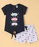 Teddy Sinker Knit Half Sleeves Top & Shorts Set with Text Print  - Navy  Blue