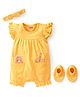 Babyhug 100% Cotton Frill Sleeves Romper With Headband & Booties Floral Print - Yellow