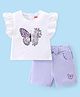 Babyhug Single Jersey Half Sleeves Top And Shorts Set Butterfly Print - White & Lilac