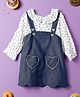 Nauti Nati  Pure Cotton Full Sleeves Heart Detailed  Pinafore Dress With Polka Dots Printed Ruffled Top - White