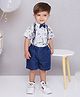 KID1 Half Sleeves Animal Printed Shirt Shorts Bow & Suspender -  Grey & Blue