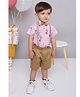 KID1 Half Sleeves Giraffe Printed Shirt Shorts Bow & Suspender - Pink & Brown