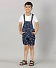 Kiddopanti Dinosaur Printed Dungaree & Half Sleeves Solid  Tee  -  White & Blue