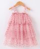 Kookie Kids Sleeveless Layered Party Frock with Glitter Heart Print Bow Applique - Pink