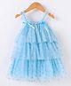 Kookie Kids Sleeveless Layered Party Frock with Glitter Heart Print Bow Applique - Blue