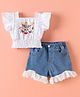 Kookie Kids Half Sleeves Top & Washed Denim Shorts Set With Floral Embroidery & Lace Detailing - White