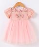 Kookie Kids Half Sleeves Party Frock with Floral Lace & Bow Detailing  - Pink