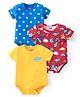 Babyhug 100% Cotton Knit Half Sleeves Onesies with Star & Dino Print Pack of 3 - Blue Yellow & Red