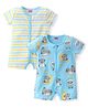 Babyhug 100% Cotton Knit Frill Sleeves Striped & Bear Printed Rompers Pack of 2 - Yellow & Blue