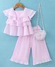 Little Kangaroos Half Sleeves Ruffled Top and Pants Set with Sling Bag - Baby Pink