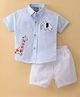 Little Kangaroos Cotton Woven Half Sleeves Shirt & Shorts With Striped & Animals Patch - Blue & White