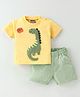 Little Kangaroos Cotton Knit Half Sleeves  T-Shirt &  Shorts Set with Dino Patch - Yellow