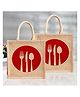 Kuber Industries Grocery Bag  Jute Carry Bag  Reusable Shopping Bag  Lunch Handbag  Zipper Grocery Bag with Handle  Red Spoon Fork-Print Grocery Bag  Pack of 2  Brown