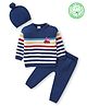 Babyhug Organic Cotton Knit Full Sleeves Sweater Set with Cap Stripes & Car Design - Navy Blue