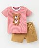 Little Kangaroos 100% Cotton Knit Half Sleeves Striped  T-Shirt & Shorts Set with Teddy Applique  - Red
