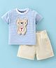 Little Kangaroos 100% Cotton Knit Half Sleeves Striped  T-Shirt & Shorts Set with Teddy Applique  - Blue