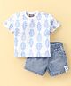 Little Kangaroos Cotton Woven Half Sleeves T-Shirt & Shorts Set with Leaf Print - White