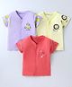 Doreme Single Jersey Half Sleeves Vest With Animals & Text Print Pack Of 3 - Coral Rose Opera Mouve & Misty Yellow