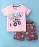 Teddy Sinker Knit Half Sleeves  T-Shirt & Shorts Set with Monster Truck  Print - Peach