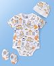 Doodle Poodle 100% Cotton Interlock Half Sleeves Vehicles Printed Onesie With Cap & Booties - Bright White