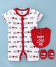 Doodle Poodle 100% Cotton Knit Half Sleeves Text Printed Romper With Bib & Miittens - White & Red