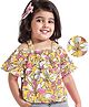 Babyhug Cotton Knit Half Sleeves Off-Shoulder  Top with Floral Print - Mustard
