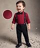 Babyhug Full Sleeves Party Wear Dobby Shirt & Trousers Set with Bow & Suspender - Maroon