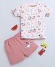 BUMZEE  Half Sleeves Moon & Clouds Printed Cotton Jhabla & Shorts Set - Peach & Onion Pink