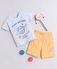 BUMZEE Half Sleeves  Space Theme Printed Cotton Tee  & Shorts Set - Orange & Grey