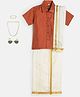 THANGAMAGAN Viscose Half Sleeves  Solid Shirt With Mundu & Angavastram With Freebies Set - Coral