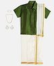 THANGAMAGAN Viscose Half Sleeves Solid Shirt With Mundu & Angavastram With Freebies Set - Olive Green